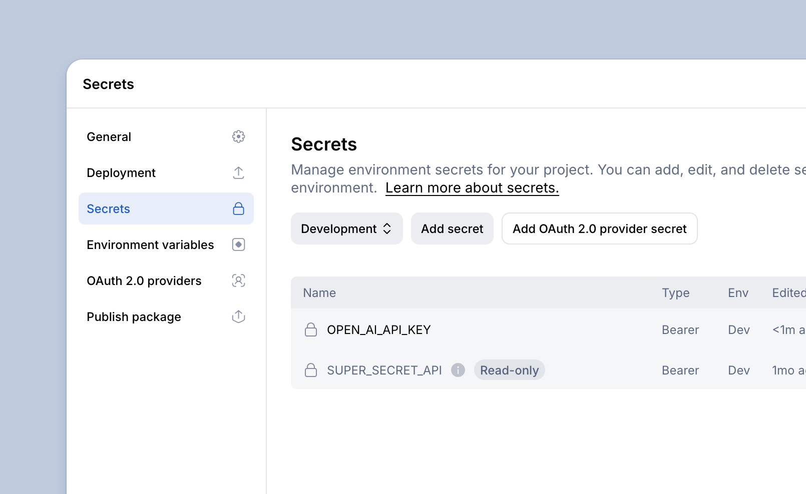 Editing secrets in Settings